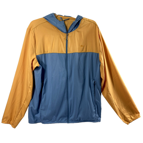 Mens Windbreaker Jacket Size Medium Full Zip Pockets Orange Gray Hood Outdoors - Picture 1 of 9